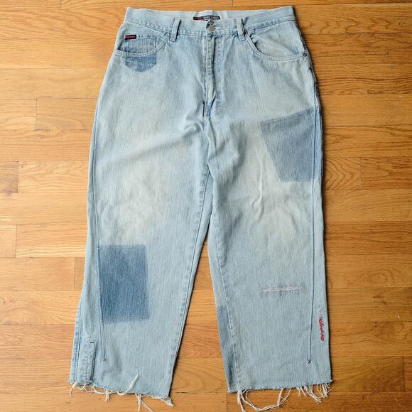 FUBU Light Wash Baggy Loose Fit‎ 90s Hip Hop Blue Jeans W36 Distressed Raw Hem - Picture 1 of 9